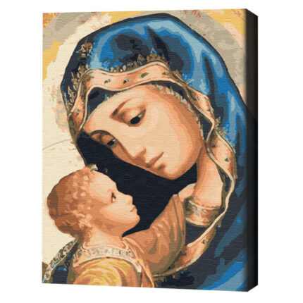 Pictură pe numere 30×40 cm (fără cutie) – Maica Domnului Setul include:• pânză de bumbac cu o diagramă numerotată a imaginii, pe o ramă de lemn• 3 perii de diferite grosimi• vopsele acrilice numerotate• monturi pentru fixare pe perete