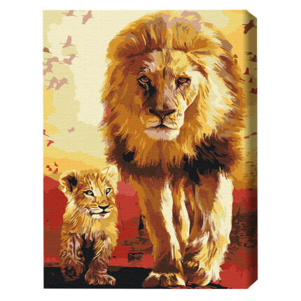 Pictură pe numere 40×50 cm (fără cutie)  –  Plimbare în Savannah Setul include: 	pânză de bumbac cu o diagramă numerotată a imaginii, pe o ramă de lemn 	 3 perii de diferite grosimi 	 vopsele acrilice numerotate 	 monturi pentru fixare pe perete