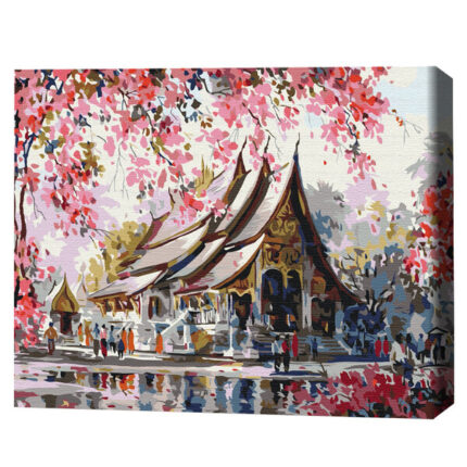 Pictură pe numere 30*40 cm (fără cutie) – Templu thailandez Setul include:• pânză de bumbac cu o diagramă numerotată a imaginii, pe o ramă de lemn• 3 perii de diferite grosimi• vopsele acrilice numerotate• monturi pentru fixare pe perete
