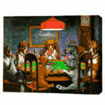 Pictură pe numere 40×50 cm (fără cutie)  –  Partidă de poker Setul include: 	pânză de bumbac cu o diagramă numerotată a imaginii, pe o ramă de lemn 	 3 perii de diferite grosimi 	 vopsele acrilice numerotate 	 monturi pentru fixare pe perete