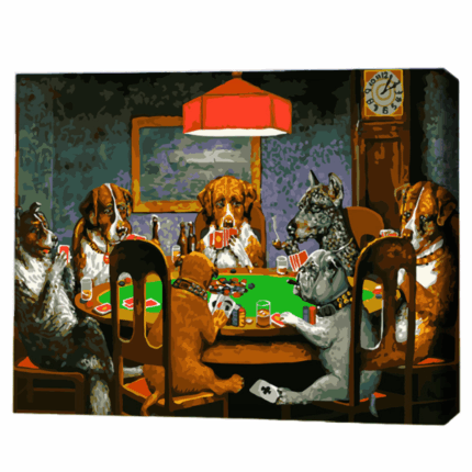 Pictură pe numere 40×50 cm (fără cutie)  –  Partidă de poker Setul include: 	pânză de bumbac cu o diagramă numerotată a imaginii, pe o ramă de lemn 	 3 perii de diferite grosimi 	 vopsele acrilice numerotate 	 monturi pentru fixare pe perete