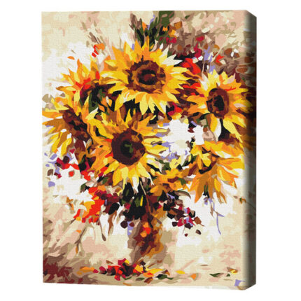 Pictură pe numere 40*50 cm (în cutie) – Pictură cu flori de floarea soarelui Setul include:• pânză de bumbac cu o diagramă numerotată a imaginii, pe o ramă de lemn• 3 perii de diferite grosimi• vopsele acrilice numerotate• monturi pentru fixare pe perete