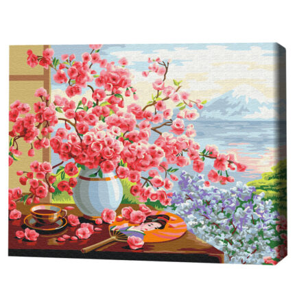 Pictură pe numere 30×40 cm (fără cutie) — Natură statică în stil japonez Setul include:• pânză de bumbac cu o diagramă numerotată a imaginii, pe o ramă de lemn• 3 perii de diferite grosimi• vopsele acrilice numerotate• monturi pentru fixare pe perete