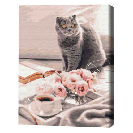 Pictură pe numere 40×50 cm (fără cutie) – Britanicul preferat Setul include: 	pânză de bumbac cu o diagramă numerotată a imaginii, pe o ramă de lemn 	 3 perii de diferite grosimi 	 vopsele acrilice numerotate 	 monturi pentru fixare pe perete