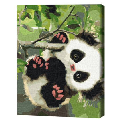 Pictură pe numere 30*40 сm (fără cutie) – Panda jucăușă Setul include: 	pânză de bumbac cu o diagramă numerotată a imaginii, pe o ramă de lemn 	 3 perii de diferite grosimi 	 vopsele acrilice numerotate 	 monturi pentru fixare pe perete