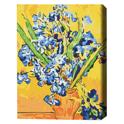 Pictură pe numere 40*50 cm (în cutie) — Iriși într-o vază. Vincent Van Gogh Setul include:• pânză de bumbac cu o diagramă numerotată a imaginii, pe o ramă de lemn• 3 perii de diferite grosimi• vopsele acrilice numerotate• monturi pentru fixare pe perete