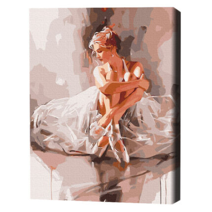 Pictură pe numere 40*50 cm (în cutie) – Balerina într-un nor de tandrețe Setul include:• pânză de bumbac cu o diagramă numerotată a imaginii, pe o ramă de lemn• 3 perii de diferite grosimi• vopsele acrilice numerotate• monturi pentru fixare pe perete