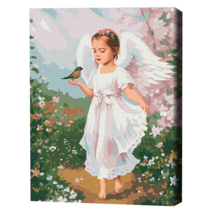 Pictură pe numere 40*50 cm (în cutie) – Îngeraș cu o pasăre Setul include:• pânză de bumbac cu o diagramă numerotată a imaginii, pe o ramă de lemn• 3 perii de diferite grosimi• vopsele acrilice numerotate• monturi pentru fixare pe perete
