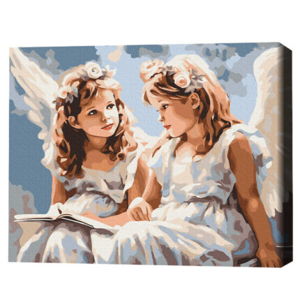 Pictură pe numere 40х50 cm (fără cutie) – Îngerii Setul include:• pânză de bumbac cu o diagramă numerotată a imaginii, pe o ramă de lemn• 3 perii de diferite grosimi• vopsele acrilice numerotate• monturi pentru fixare pe perete