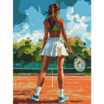 Pictură pe numere 40х50 cm (fără cutie)  – Jucătoare de tenis Setul include: 	pânză de bumbac cu o diagramă numerotată a imaginii, pe o ramă de lemn 	 3 perii de diferite grosimi 	 vopsele acrilice numerotate 	 monturi pentru fixare pe perete