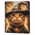 Pictură pe numere 40×50 cm (fără cutie)  –  Pisicuța vrăjitoare Setul include: 	pânză de bumbac cu o diagramă numerotată a imaginii, pe o ramă de lemn 	 3 perii de diferite grosimi 	 vopsele acrilice numerotate 	 monturi pentru fixare pe perete