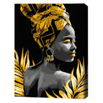Pictură pe numere 40*50 сm (pânză neagră/fără cutie) – Femeie din Africa Setul include: 	pânză de bumbac cu diagramă numerotată a imaginii, pe o ramă de lemn. Toate segmentele sunt pictate suplimentar în culoarea neagră 	 3 perii de diferite grosimi 	 vopsele acrilice numerotate