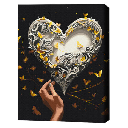 Pictură pe numere 40*50 сm (pânză neagră/fără cutie) – Dansul fluturilor Setul include: 	pânză de bumbac cu diagramă numerotată a imaginii, pe o ramă de lemn. Toate segmentele sunt pictate suplimentar în culoarea neagră 	 3 perii de diferite grosimi 	 vopsele acrilice numerotate