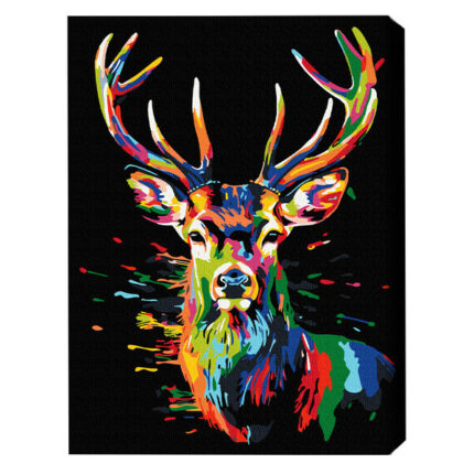 Pictură pe numere 40*50 сm (pânză neagră/fără cutie) – Cerb multicolor Setul include: 	pânză de bumbac cu diagramă numerotată a imaginii, pe o ramă de lemn. Toate segmentele sunt pictate suplimentar în culoarea neagră 	 3 perii de diferite grosimi 	 vopsele acrilice numerotate