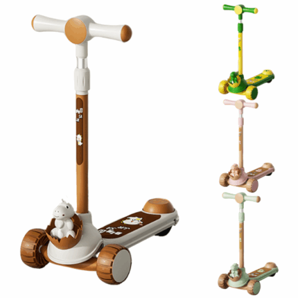 Trotinetă pentru copii cu trei roți, lumini LED, muzică și jucărie detașabilă, 4 culori O trotinetă veselă, cu un design unic și o jucărie simpatică (dinozaur sau alt animal) montată pe ghidon, ce poate fi detașată și folosită separat. 	Iluminare 	Muzică 	Roți frontale luminoase 	Rulare silențioasă 	Carcasă întărită 	Panouri antiderapante 	Reglaj pe mai multe niveluri 	Materiale durabile și sigure 	Asamblare ușoară 	Greutate maximă suportată: 50 kgDimensiune trotinetă: 58.5 × 31 × 64.5 cmDimensiune ambalaj: 58 × 18 × 30 cmRecomandat pentru: copii între 2 și 6 aniCulori disponibile: maro cu alb și dinozaur, verde cu galben și crocodil, roz cu maro și hipopotam, verde deschis cu dinozaur.