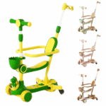 Trotinetă pentru copii cu trei roți, lumini LED, jucărie detașabilă și coșuleț, 4 culori Trotinetă pentru copii 3-în-1 cu scaun și mâner parental. 	Iluminare 	Muzică 	Roți cu lumină 	Rulare silențioasă 	Carcasă întărită 	Panouri antiderapante 	Reglare pe mai multe niveluri 	Greutate maximă admisă: 50 kgCulori disponibile: verde cu galben și dinozaur, verde mentă cu bej și dinozaur, roz cu bej și dinozaur, maro cu bej și dinozaur.