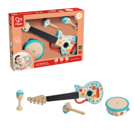 Set de instrumente muzicale 4 în 1 «Ukulele» Creați propria trupă muzicală cu acest set vibrant și colorat de instrumente. Invitați prietenii și familia să cânte melodiile preferate cu ajutorul unui ukulele realist, maracas, tamburină și castanietă.Recomandări de utilizare: Arătați copilului un ritm de bază folosind corzile ukulele sau agitând instrumentele. Priviti cum copilul descoperă cât de simplu este să facă muzică.Caracteristici: Set perfect de ukulele: Include 4 instrumente muzicale: un ukulele, maracas, castanietă și tamburină. Ajută la dezvoltare: Instrumentele muzicale sunt excelente pentru cultivarea simțului muzical, învățarea notelor de bază și a tiparelor ritmice, încurajând în același timp coordonarea mâinilor și ochilor, abilitățile auditive și creativitatea. Design captivant: Toate instrumentele sunt decorate cu modele și culori vii pentru a încuraja joaca. Creați muzică reală: Ukulele are corzi reale și un cadru din lemn rezistent, replicând un instrument autentic. Sigur și durabil: Toate instrumentele sunt realizate din lemn de înaltă calitate și materiale sigure pentru copii, cu vopsele și finisaje netoxice.Avertisment: ATENȚIE: Pericol de strangulare – șnur lung. Nu este potrivit pentru copiii sub 3 ani. Nu folosiți aproape de urechi pentru a evita deteriorarea auzului. Îndepărtați materialele de ambalare înainte de utilizare. Păstrați informațiile pentru referințe viitoare. Decorațiile și culorile pot varia.