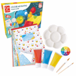 Set pentru desen «Amestec de culori» Set pentru desen "Amestec de culori" - permiteți-le copiilor dvs. să își dezlănțuie latura creativă și să se simtă ca niște artiști adevărați. Acest set de pictură oferă multe oportunități de a dezvolta și stimula micii artiști. Copiii pot amesteca culorile primare pentru a crea nuanțe noi și pot desena ilustrații frumoase ale lumii din jurul lor.Caracteristici: 	Vârstă: Potrivit pentru copii începând cu vârsta de 3 ani. 	Diversitatea materialelor: Setul include 3 tuburi de vopsea de 2 oz (roșu, galben, albastru), 2 pensule, paletă de amestecare a vopselelor, rotiță de culori, clip pentru dosar și carte de activități, perfect pentru șevaletul Hape. 	Dezvoltarea creativității: Setul inspiră gândirea creativă și îi ajută să înțeleagă cum amestecarea culorilor primare creează noi nuanțe. Copiii învață să distingă între culorile calde și cele reci, îmbunătățind coordonarea mâinilor și a ochilor. 	Materiale sigure: Toate părțile setului sunt realizate din culori non-toxice solubile în apă și materiale sigure pentru copii, care nu conțin BPA și ftalați. Construcția robustă asigură o utilizare de lungă durată. 	Beneficii pentru dezvoltarea timpurie: Setul promovează dezvoltarea timpurie a copilăriei, jocul creativ și interacțiunea cu părinții și prietenii. Toate elementele sunt ușor de ținut și utilizat și ușor de curățat.Treziți artistul interior al copilului dvs. cu set pentru desen "Amestec de culori"