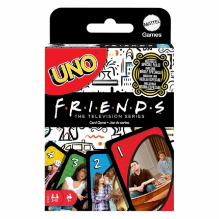 Карточная игра UNO «Друзья» ​Представляем карточную игру UNO Friends, вдохновлённую культовым телесериалом «Друзья». Эта версия классической игры UNO объединяет любимых персонажей и моменты из сериала, предлагая фанатам новый способ насладиться игрой.​Основные особенности: 	Дизайн: Карты украшены изображениями персонажей и сцен из «Друзей», добавляя ностальгический элемент в каждую партию.​ 	Специальное правило: Введено уникальное правило «Тот, где ты берёшь карты», которое заставляет оппонентов тянуть карты до тех пор, пока они не найдут нужного персонажа.​ 	Количество игроков: Игра рассчитана на 2–6 участников, что делает её идеальной для семейных вечеров или встреч с друзьями.​ 	Возрастная категория: Рекомендуется для игроков от 7 лет и старше.​ 	Комплектация: В набор входят 112 карт и инструкции.​UNO Friends — отличный подарок для поклонников сериала и всех любителей карточных игр, объединяющий веселье классического UNO с очарованием «Друзей».​