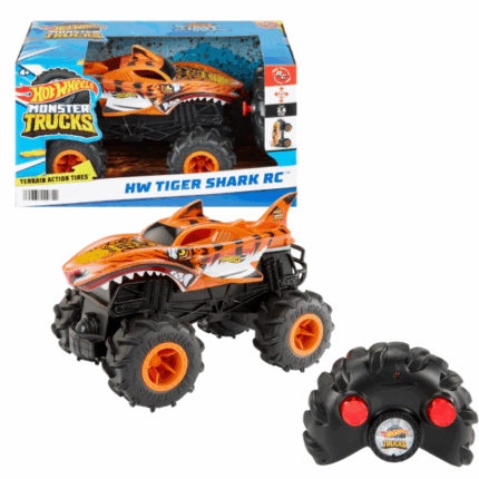 Hot Wheels Monster Trucks 1:24 «Неудержимая Тигровая акула» ​Представляем радиоуправляемую модель Hot Wheels Monster Trucks "Неудержимая Тигровая акула" — мощный монстр-трак, созданный для преодоления любых препятствий.Основные характеристики: 	Технология HW Terrain Stomp: Благодаря инновационной технологии и большим шинам Tread Attack, Tiger Shark «протаптывает» себе путь через различные поверхности, включая траву, камни и асфальт. ​ 	Масштаб и дизайн: Модель выполнена в масштабе 1:24 с детализированным дизайном, передающим агрессивный облик хищника. ​ 	Полнофункциональное управление: Пульт дистанционного управления обеспечивает полный контроль над машиной, позволяя выполнять различные трюки, включая «вилли» и вращения на 360 градусов. ​ 	Скорость и аккумулятор: Модель развивает скорость до 9,7 км/ч и оснащена аккумулятором с USB-зарядкой, обеспечивающим до 25 минут игры.Эта модель идеально подходит для детей от 4 лет и старше, а также для всех поклонников монстр-траков и экстремальных заездов.