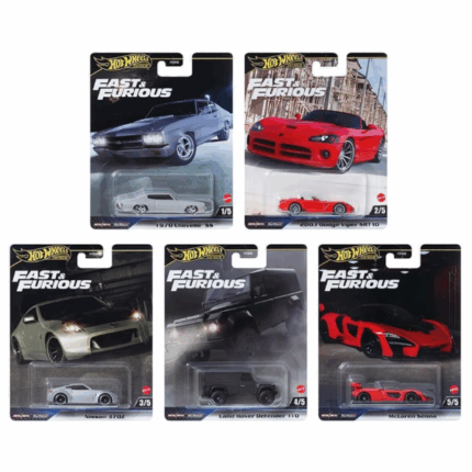 Hot Wheels Машинка из коллекций Премиум Fast & Furios, 5 моделей Дети в возрасте от 3 лет, а также ярые коллекционеры будут в восторге от коллекции машин, которые будто приехали к нам сразу со съёмочной площадки!Каждая машинка выполнена с присущими для бренда  Hot Wheels  реалистичностью и вниманием к деталям, что вдохновляет на веселую приключенческую игру.В коллекций Hot Wheels Премиум Fast & Furios от Mattel вы найдете 5  моделей реалистичных  машинок: 	1970 Chevelle SS, масштаб 1/64 	2003 Dodge Viper SRT 10, масштаб 1/64 	Nissan 370Z, масштаб 1/64 	Land Rover Defender 110, масштаб 1/64 	McLaren Senna, масштаб 1/64