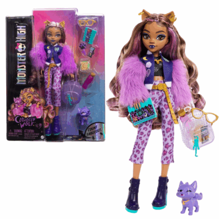 Игровой набор Monster High «Клодин Вульф», с аксессуарами ​Представляем куклу Клодин Вульф из серии Monster High, которая демонстрирует свой безупречный стиль в эффектном фиолетовом наряде. В комплект входит её очаровательный питомец — собачка по имени Кресцент, готовая присоединиться к веселью. Благодаря подвижному телу и впечатляющим аксессуарам, кукла Клодин Вульф станет отличным подарком для детей от 4 лет и старше. ​Основные особенности куклы: 	Наряд: Клодин Вульф выделяется в своём эффектном образе, включающем леопардовые капри и фиолетовую куртку из искусственного меха. Образ дополняют ожерелье, ремень и ботильоны на платформе.​ 	Питомец: Её очаровательная собачка Кресцент также выглядит стильно с золотым ошейником в форме луны, вдохновляя детей на создание разнообразных историй.​ 	Аксессуары: В комплект входят рюкзак, щётка для меха, планер, бутылка с водой, сэндвич, батончик и очки, расширяя возможности для увлекательной игры.