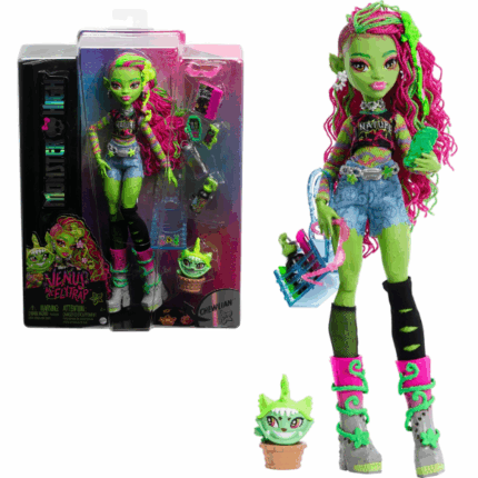Игровой набор Monster High «Венус МакФлайтрап», с аксессуарами Monster High представляет Венус МакФлайтрап – очаровательную монстр-девушку-растение, которая страстно защищает окружающую среду! В дополнение к стильному наряду кукла Venus McFlytrap идет в комплекте со своим милым, но жутковатым питомцем Чулианом (Chewlian) и множеством аксессуаров для увлекательной игры. Подходит для детей от 4 лет и старше. Полностью артикулирована. Кукла не может стоять самостоятельно.Основные особенности: 	Стильный образ: Венус МакФлайтрап выглядит потрясающе в своём уникальном наряде: футболке с принтом "Nature", шортах, разномастных чулках и ботинках на платформе с обвивающими лозами. 	Аксессуары для ролевых игр: В комплект входят рюкзак, солнцезащитные очки, блокнот Bootany, спрей для волос, iCoffin, бутылка с водой и перекус в виде батончика. 	Очаровательный питомец: Венус сопровождает её жутко-милый питомец – растительно-кот Чулиан. 	Отличное дополнение к коллекции Monster High: Исследуйте всю серию кукол и игровых наборов Monster High для еще более увлекательных историй и приключений!В комплекте: 	1 кукла Venus McFlytrap 	1 питомец Chewlian 	АксессуарыПодставка для куклы не входит в комплект. Кукла не может стоять самостоятельно.