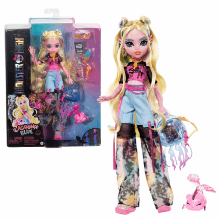Игровой набор Monster High «Лагуну Блю», с аксессуарами Monster High представляет куклу Лагуну Блю – очаровательное морское чудовище с невероятно стильным образом! Она сочетает в себе эстетику Y2K с подводными мотивами, создавая неповторимый образ. Её милый, но жутковатый питомец пиранья Нептуна всегда рядом, готовый к приключениям! С подвижным телом и множеством морских аксессуаров, Lagoona Blue станет отличным подарком для детей от 4 лет и старше. Полностью артикулирована. Кукла не может стоять самостоятельно.Основные особенности: 	Яркий стиль: Лагуна Блю выглядит потрясающе – её волосы, уложенные в два пучка, струятся, словно морские волны! Она носит полупрозрачную футболку с рыбьим скелетом и стильные карго-брюки с разрезами и функциональными карманами. 	Очаровательный питомец: Её верная пиранья Нептуна всегда рядом, готовая к увлекательным и жутко-забавным историям! 	Аксессуары для ролевых игр: В комплект входят прозрачный рюкзак в форме медузы, блокнот, карандаш в виде надкушенного иглобрюха, солнцезащитные очки, мороженое, жевательные червячки и пузырьковый напиток. 	Часть коллекции Monster High: Соберите всю серию кукол и игровые наборы Monster High, чтобы создавать ещё больше модных и увлекательных историй!В комплекте: 	1 кукла Lagoona Blue 	1 питомец Neptuna 	1 рюкзак 	1 блокнот и 1 карандаш 	2 закуски 	1 напиток 	1 пара солнцезащитных очковПодставка для куклы не входит в комплект. Кукла не может стоять самостоятельно.