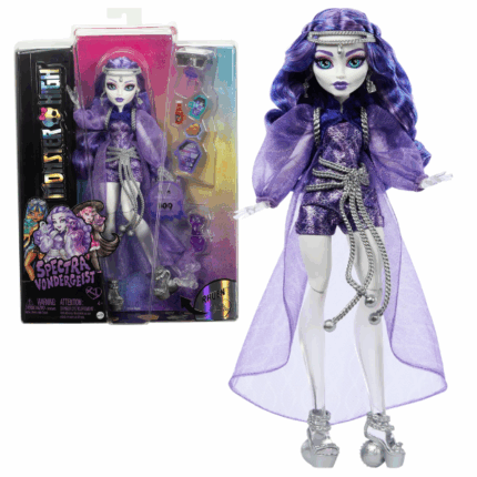 Игровой набор Monster High «Спектра Вондергейст», с аксессуарами Monster High представляет Спектру Вондергейст – потрясающего призрака, который любит разыгрывать друзей! Эта кукла воссоздаёт её уникальный образ с жутко-крутыми аксессуарами. В комплекте идёт её мистический питомец хорёк Рюэн (Rhuen), а также множество стильных деталей для создания захватывающих историй! Подходит для детей от 4 лет и старше. Полностью артикулирована. Кукла не может стоять самостоятельно.Основные особенности: 	Элегантный призрачный стиль: Спектра Вондергейст носит прозрачный плащ-накидку, подчёркивающий её призрачную сущность. Её наряд включает стильный комбинезон с узором в виде цепей, серебристый пояс в форме шара на цепи и подходящую обувь. 	Аксессуары для ролевых игр: В комплект входят рюкзак, напиток to-go, солнцезащитные очки, "фантомные наггетсы" с соусом из призрачного перца, а также iCoffin (телефон и планшет). 	Мистический питомец: Её преданный хорёк Рюэн выглядит так, словно материализовался из тумана! Он всегда готов сопровождать свою хозяйку в призрачных приключениях. 	Часть коллекции Monster High: Исследуйте всю серию кукол и игровые наборы Monster High, чтобы создавать ещё больше модных и жутко-увлекательных историй!В комплекте: 	1 кукла Spectra Vondergeist 	1 питомец Rhuen 	1 рюкзак 	1 напиток 	1 пара солнцезащитных очков 	1 порция наггетсов с острым соусом 	1 телефон и планшет iCoffinПодставка для куклы не входит в комплект. Кукла не может стоять самостоятельно.