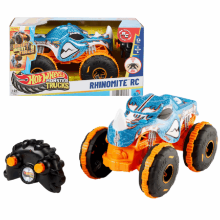 Hot Wheels Monster Trucks 1:24 «Риномит» Представляем радиоуправляемый автомобиль Hot Wheels Monster Trucks Риномит в масштабе 1:24 — мощный монстр-трак, созданный для впечатляющих трюков и преодоления препятствий.Основные характеристики: Дизайн и детали: Модель выполнена с аутентичными элементами, включая массивный рог носорога, что придает ей уникальный и агрессивный внешний вид. Проходимость: Оснащена шинами Grip Action Tires, обеспечивающими отличное сцепление с различными поверхностями, позволяя легко преодолевать препятствия и выполнять захватывающие трюки. Управление: Полнофункциональный пульт дистанционного управления с радиусом действия до 30 метров (100 футов) обеспечивает маневренность и контроль над автомобилем. Скорость: Модель способна развивать скорость до 8 км/ч (5 миль/ч), что делает игру динамичной и увлекательной.Hot Wheels Monster Trucks Rhinomite RC — отличный выбор для любителей монстр-траков, стремящихся к новым приключениям и впечатляющим трюкам.