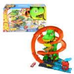 Игровой набор Hot Wheels City: Атака огненного Ти-Рекса Используйте свои гоночные навыки, чтобы защитить город Hot Wheels City от свирепого Тиранозавра, который хочет проглотить все машинки! В этом захватывающем игровом наборе дети смогут отправить машинку в масштабе 1:64 на головокружительное задание:Три возможных исхода гонки: 	Машина попадает в пасть Ти-Рекса, но всё же спасается, выехав через его живот. 	Автомобиль делает круг и отправляется на заправку. 	Гонщик точно попадает в уязвимое место, сбивая Тиранозавра и спасая город!Эффекты и динамика игры: 	Каждый раз, когда машина проезжает мимо, глаза динозавра вращаются, а руки дрожат! 	После множества попаданий Ти-Рекс падает, и город снова в безопасности. 	Развивает навыки целеустремленности и настойчивости у детей.Дополнительные возможности: 	В наборе есть специальное место для хранения одной машинки. 	Совместим с другими наборами Hot Wheels City и элементами треков Hot Wheels, что позволяет создать уникальный гоночный мир!Рекомендовано для детей от 4 лет.