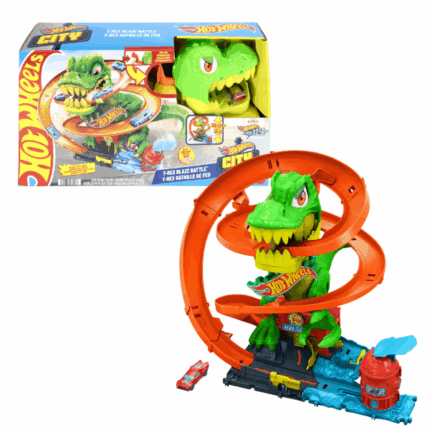 Игровой набор Hot Wheels City: Атака огненного Ти-Рекса Используйте свои гоночные навыки, чтобы защитить город Hot Wheels City от свирепого Тиранозавра, который хочет проглотить все машинки! В этом захватывающем игровом наборе дети смогут отправить машинку в масштабе 1:64 на головокружительное задание:Три возможных исхода гонки: 	Машина попадает в пасть Ти-Рекса, но всё же спасается, выехав через его живот. 	Автомобиль делает круг и отправляется на заправку. 	Гонщик точно попадает в уязвимое место, сбивая Тиранозавра и спасая город!Эффекты и динамика игры: 	Каждый раз, когда машина проезжает мимо, глаза динозавра вращаются, а руки дрожат! 	После множества попаданий Ти-Рекс падает, и город снова в безопасности. 	Развивает навыки целеустремленности и настойчивости у детей.Дополнительные возможности: 	В наборе есть специальное место для хранения одной машинки. 	Совместим с другими наборами Hot Wheels City и элементами треков Hot Wheels, что позволяет создать уникальный гоночный мир!Рекомендовано для детей от 4 лет.