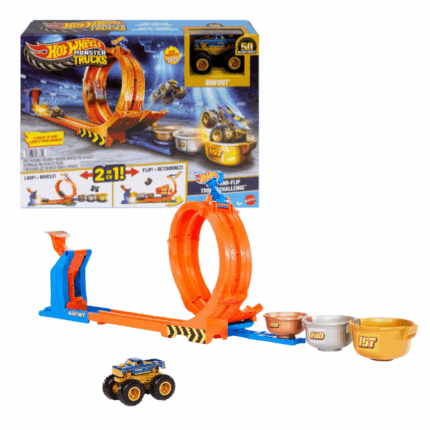 Hot Wheels Monster Trucks «Петля и Переворот: Кубковый Челлендж» Отметьте 50-летний юбилей Bigfoot с игровым набором Hot Wheels Monster Trucks "Петля и Переворот: Кубковый Челлендж"! В наборе 2 варианта игры: 	Запустите Bigfoot (масштаб 1:64) через полную петлю и выполните трюк, чтобы приземлиться в кубок-победитель. 	Или переверните петлю, чтобы Bigfoot сделал задний сальто и попал в один из кубков!Кубки отличаются размерами и количеством очков, что делает игру ещё более увлекательной – станьте первым, кто приземлится в каждый кубок, или наберите наибольшее количество очков!Юбилейный Bigfoot в масштабе 1:64 выполнен в эксклюзивном дизайне в честь 50-летия.Основные особенности: 	2 варианта игры – запустите Bigfoot через петлю или выполните задний переворот! 	Цель игры – попасть в кубки и набрать максимум очков! 	Регулируемый запуск – правильный расчёт силы помогает совершить лучший трюк. 	Эксклюзивный Bigfoot – уникальный дизайн к 50-летию! 	Совместимость – попробуйте испытание с любым другим грузовиком в масштабе 1:64 (продаются отдельно).В комплекте: 	1 игровой набор Hot Wheels Monster Trucks Loop-And-Flip Challenge 	1 литой металлический Bigfoot (масштаб 1:64) с юбилейным дизайном.