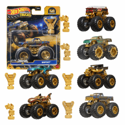 1:64 Hot Wheels Монстр-трак BIGFOOT (юбилейная серия), асс. Этот мощный монстр-трак BIGFOOT из коллекции Hot Wheels Monster Trucks создан для настоящих поклонников экстремальных гонок. Уникальная золотая серия посвящена 50-летию легендарного BIGFOOT – культового внедорожника с гигантскими колесами.Игрушка выполнена с высокой детализацией, прочной металлической рамой и массивными резиновыми колесами, что делает её не только эффектной, но и устойчивой к самым смелым трюкам.Особенности: 	Юбилейное издание с золотыми деталями 	Прочные колёса и металлическая рама 	Высокая детализация и коллекционная ценность 	В комплекте мини-трофейПольза:Развивает мелкую моторику и координацию рукСпособствует творческому мышлению и игровому процессуПозволяет познакомиться с легендарными автомобилями Monster TrucksОтлично подходит для коллекционирования и активных игр