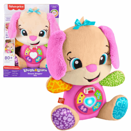 Fisher-Price Surioara Cățelului Laugh & Learn Sis (ro.) Este o jucărie muzicală de pluș care îi introduce pe cei mici în lumea cuvintelor, formelor, culorilor și alfabetului! Apasă cele 5 butoane de pe burtică, iar inimioara jucăriei se va aprinde în culori diferite, redând peste 80 de melodii, sunete și expresii distractive. Cu 3 niveluri de învățare Smart Stages, Surioara evoluează alături de copil. Sprijină dezvoltarea limbajului, motricității, simțurilor și sentimentului de siguranță. Funcționează cu 3 baterii AA (incluse). Culorile și detaliile pot varia. 	Jucărie educativă moale cu lumini și peste 80 de sunete 	5 butoane interactive pe burtică pentru învățare și distracție 	Inimioara luminează în ritmul cântecelor 	Învățăm: culori, forme, alfabet, numere și primele cuvinte 	Potrivită pentru copii între 6 luni și 3 ani