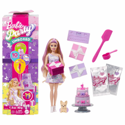Игровой набор Barbie «День рождение питомца» ​Представляем куклу Barbie Party Unboxed из серии «День рождения питомца» (JFG70) — увлекательный набор, сочетающий элементы сюрприза и творческой игры.​Основные особенности: 	Уникальный опыт распаковки: В одной упаковке содержится 10 сюрпризов, включая куклу Barbie, наряды для вечеринки, очаровательного питомца с аксессуарами и инструменты для украшения торта. 	Творческая составляющая: Юные мастера могут использовать прилагаемую массу для лепки, форму и инструменты, чтобы создать украшения для двухъярусного торта и устроить праздник для питомца. 	Коллекционные варианты: В серии представлены три куклы: Birthday Bows, Shimmerin' Hearts и Party Stars, каждая со своим уникальным стилем и аксессуарами.Этот набор вдохновляет на творческую игру, позволяя детям устраивать вечеринки для питомцев и украшать торты по своему вкусу.