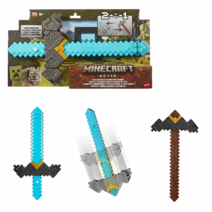 Minecraft 2-în-1: Sabie și târnăcop transformabil (Click and Switch) Intră în lumea filmului Minecraft cu accesoriul de joc 2-în-1 Click and Switch! Acest obiect de joacă de rol se transformă dintr-o sabie de diamant într-un târnăcop de fier, printr-o simplă apăsare și mișcare în jos.Apasă butonul, rotește garda și schimbă uneltele! Cadoul perfect pentru fanii Minecraft de la 6 ani în sus.Caracteristici: 	2 arme într-una: sabie și târnăcop 	Mecanism de transformare prin buton și rotire 	Design pixelat fidel jocului 	Materiale sigure pentru copii 	Ideal pentru jocuri de rol și colecțieRecomandat pentru copii de peste 6 ani.