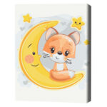Pictură pe numere 30*40 сm (fără cutie) – Vulpița pe lună Setul include: 	pânză de bumbac cu o diagramă numerotată a imaginii, pe o ramă de lemn 	 3 perii de diferite grosimi 	 vopsele acrilice numerotate 	 monturi pentru fixare pe perete