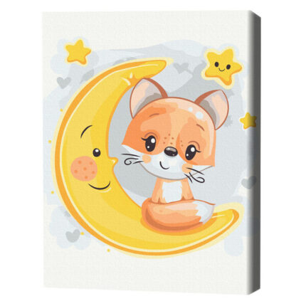 Pictură pe numere 30*40 сm (fără cutie) – Vulpița pe lună Setul include: 	pânză de bumbac cu o diagramă numerotată a imaginii, pe o ramă de lemn 	 3 perii de diferite grosimi 	 vopsele acrilice numerotate 	 monturi pentru fixare pe perete