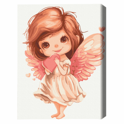 Pictură pe numere 30*40 сm (fără cutie) – Îngerul finuț Setul include: 	pânză de bumbac cu o diagramă numerotată a imaginii, pe o ramă de lemn 	 3 perii de diferite grosimi 	 vopsele acrilice numerotate 	 monturi pentru fixare pe perete