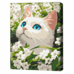 Pictură pe numere 30*40 сm (fără cutie) – Pisicuța primăverii Setul include: 	pânză de bumbac cu o diagramă numerotată a imaginii, pe o ramă de lemn 	 3 perii de diferite grosimi 	 vopsele acrilice numerotate 	 monturi pentru fixare pe perete