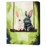 Pictură pe numere 30*40 сm (fără cutie) – Iepurașii pe leagăn Setul include: 	pânză de bumbac cu o diagramă numerotată a imaginii, pe o ramă de lemn 	 3 perii de diferite grosimi 	 vopsele acrilice numerotate 	 monturi pentru fixare pe perete