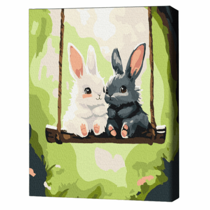 Pictură pe numere 30*40 сm (fără cutie) – Iepurașii pe leagăn Setul include: 	pânză de bumbac cu o diagramă numerotată a imaginii, pe o ramă de lemn 	 3 perii de diferite grosimi 	 vopsele acrilice numerotate 	 monturi pentru fixare pe perete