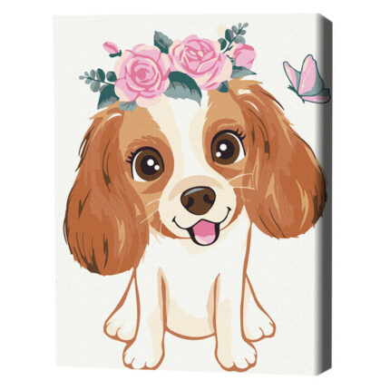 Pictură pe numere 30*40 сm (fără cutie) – Cățel în coroniță de flori Setul include: 	pânză de bumbac cu o diagramă numerotată a imaginii, pe o ramă de lemn 	 3 perii de diferite grosimi 	 vopsele acrilice numerotate 	 monturi pentru fixare pe perete