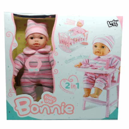 Păpușa vorbitoare Bonnie cu accesorii, 36 cm Păpușa este una dintre jucăriile principale pentru fetițe. Jocul cu o păpușă dezvoltă multe noi abilități utile. Păpușa va ajuta copilul să-și dezvolte imaginația și vocabularul, deoarece păpușa este interesant să o îmbraci, ea mereu ascultă istoriile și participă în toate jocurile.Păpușa este cheia comunicării.Înălțimea păpușii - 36 cm.