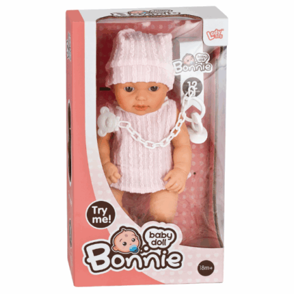 Păpușa Bonnie în costumaș roz cu accesorii, 30 cm Păpușa Bonnie în costumaș tricotat roz cu căciuliță este un cadou minunat pentru copiii de la 18 luni. Păpușa are un corp moale, trăsături realiste și este realizată din materiale sigure. Setul include o suzetă cu clemă. Este ideală pentru jocuri de rol, ajutând la dezvoltarea empatiei, imaginației și gândirii emoționale. 	Dimensiune păpușă: 12 inch (aproximativ 30 cm) 	Vârstă recomandată: de la 18 luni 	Setul conține: păpușă, suzetă cu clemă