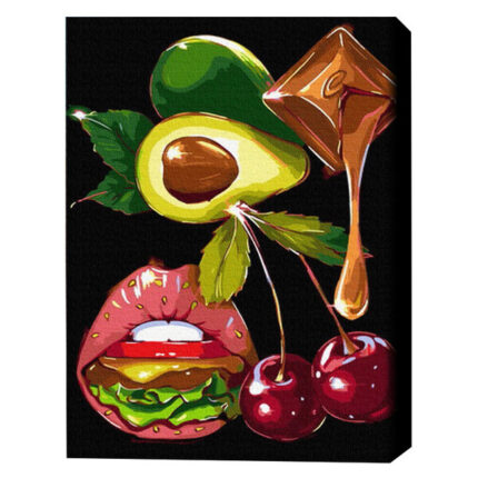 Pictură pe numere 40*50 сm (fără cutie) PREMIUM  – Aspect gourmet Setul include: 	pânză de bumbac cu o diagramă numerotată a imaginii, pe o ramă de lemn. Toate segmentele sunt pictate suplimentar pentru a se potrivi cu culorile care vor fi folosite pentru a picta pânza 	 3 perii de diferite grosimi 	 vopsele acrilice numerotate 	două sticluțe de lac acrilic, monturi pentru fixare pe perete și un nivel pentru instalarea corectă a picturii pe perete.