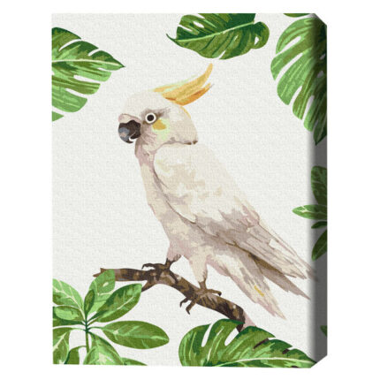 Pictură pe numere 30*40 сm (fără cutie) – Cacatua alb Setul include: 	pânză de bumbac cu o diagramă numerotată a imaginii, pe o ramă de lemn 	 3 perii de diferite grosimi 	 vopsele acrilice numerotate 	 monturi pentru fixare pe perete