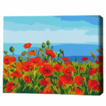 Pictură pe numere 30*40 сm (fără cutie) – Câmp de maci, Claude Monet Setul include: 	pânză de bumbac cu o diagramă numerotată a imaginii, pe o ramă de lemn 	 3 perii de diferite grosimi 	 vopsele acrilice numerotate 	 monturi pentru fixare pe perete