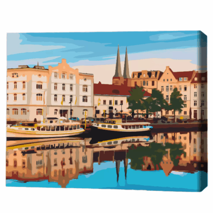 Pictură pe numere 30*40 сm (fără cutie) – Centrul vechi al orașului Lübeck, Germania Setul include: 	pânză de bumbac cu o diagramă numerotată a imaginii, pe o ramă de lemn 	 3 perii de diferite grosimi 	 vopsele acrilice numerotate 	 monturi pentru fixare pe perete